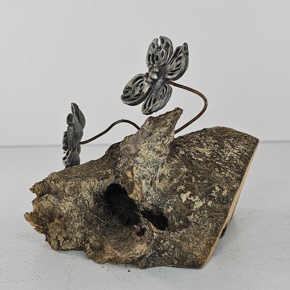 Handcrafted Metal Flower Sculpture On Driftwood Folk Art - Picture 5 of 8